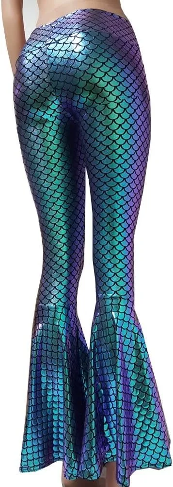 pinda Iridescent Mermaid High Waisted Wide Leg Yoga Bell Bottom Pants Leggings