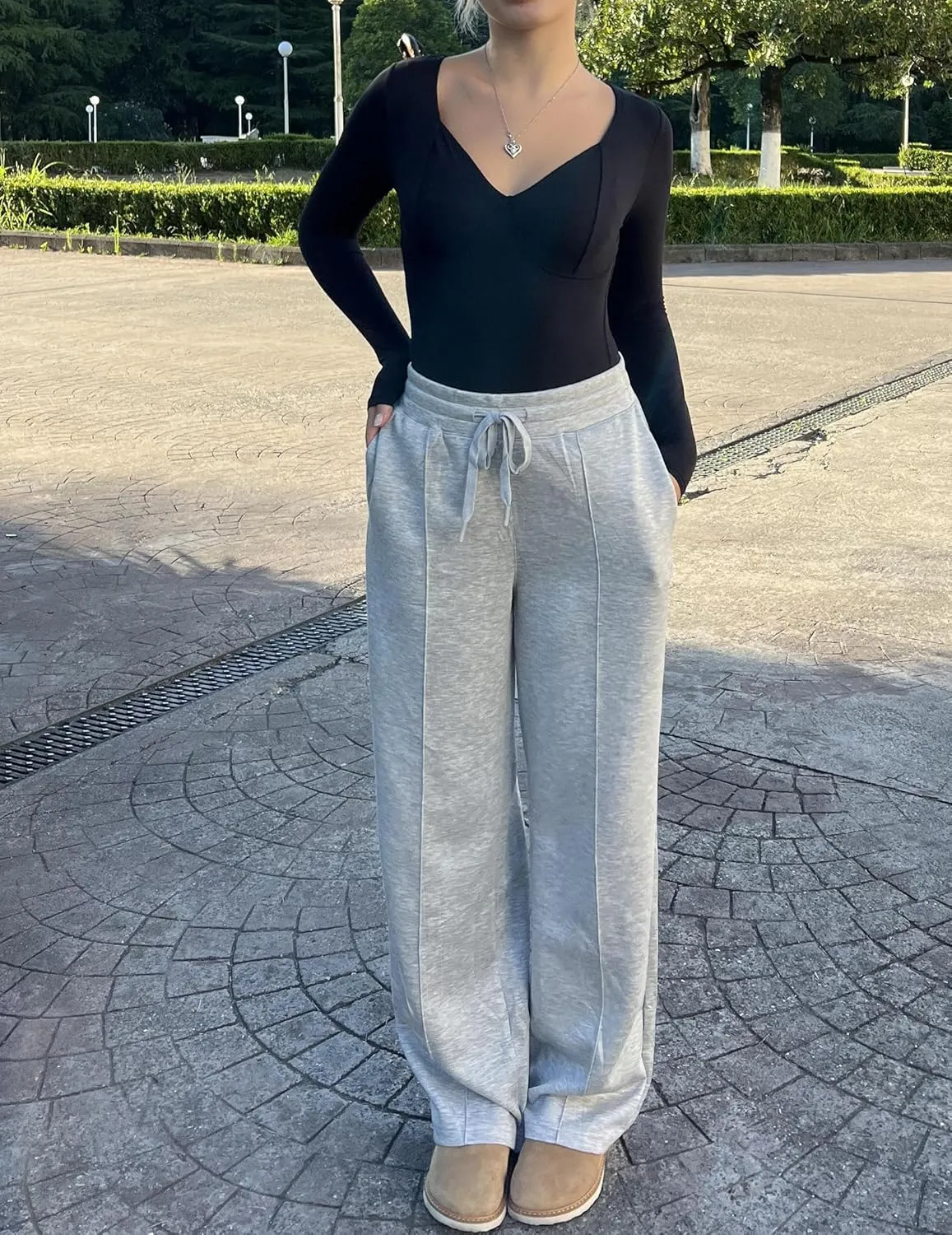 PINSPARK Wide Leg Sweatpants Women High Waisted Baggy Sweat Pants Elastic Elevated Seams Loose Active Pants with Pockets