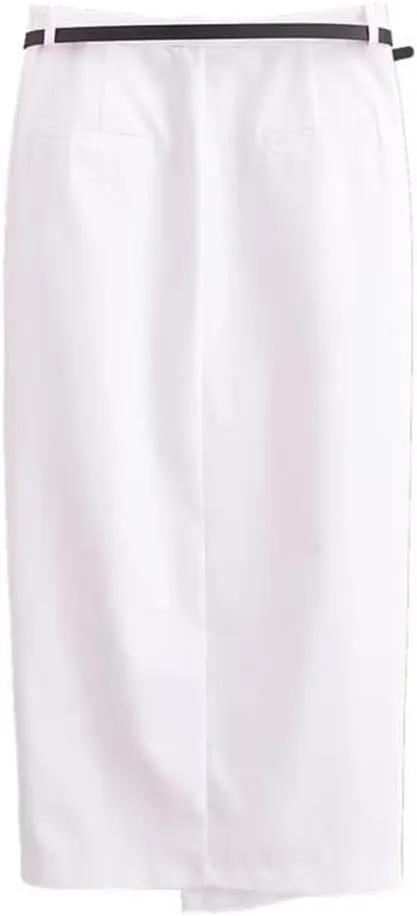 Pleated Midi Skirt with Belt and Pockets for Office Ladies - White Split DesignHigh WaistSlim Fit