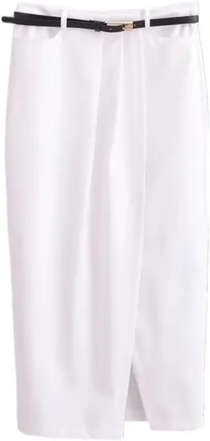 Pleated Midi Skirt with Belt and Pockets for Office Ladies - White Split DesignHigh WaistSlim Fit