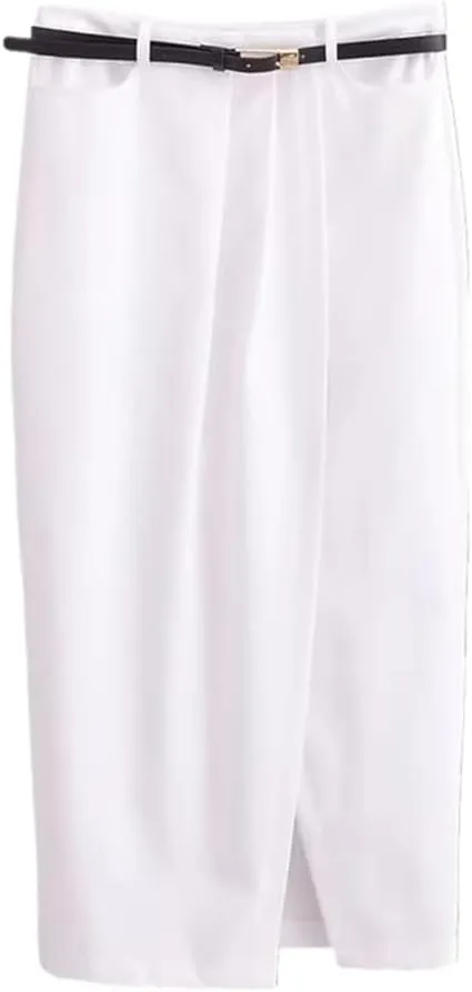 Pleated Midi Skirt with Belt and Pockets for Office Ladies - White Split DesignHigh WaistSlim Fit