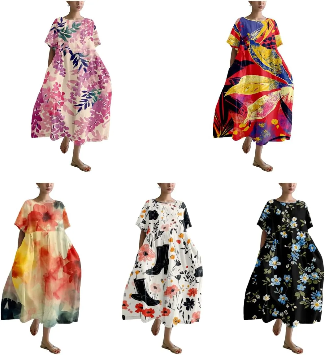 Plus Size Boho Summer Dresses Trendy Japanese Art T Shirt Dress A-line Crew Neck Short Sleeve Summer Dresses