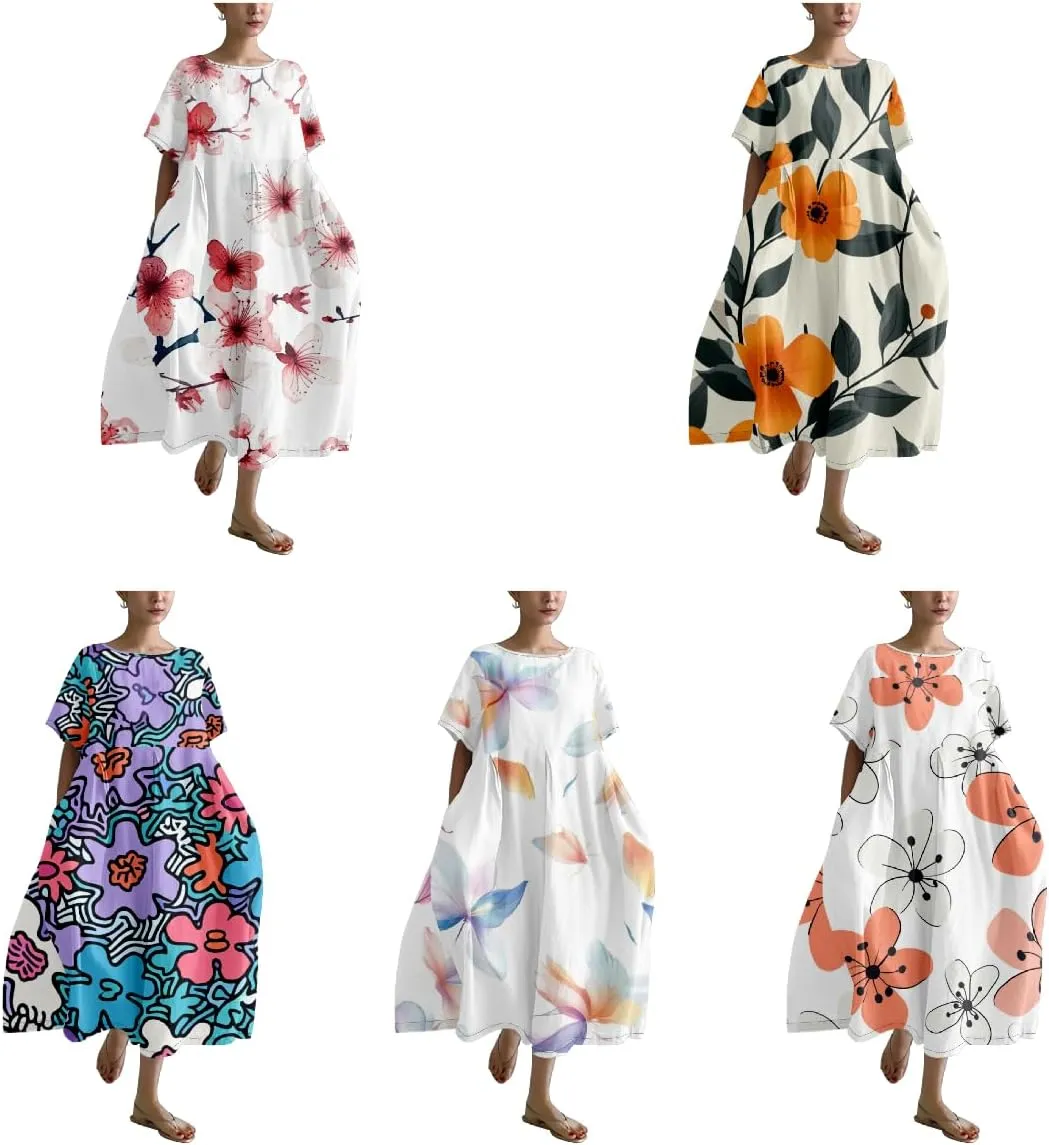 Plus Size Boho Summer Dresses Trendy Japanese Art T Shirt Dress A-line Crew Neck Short Sleeve Summer Dresses