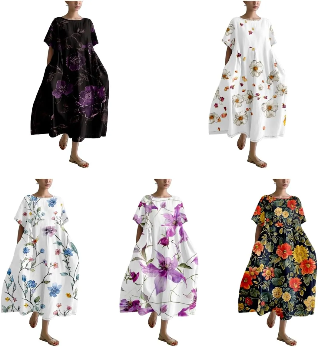 Plus Size Boho Summer Dresses Trendy Japanese Art T Shirt Dress A-line Crew Neck Short Sleeve Summer Dresses