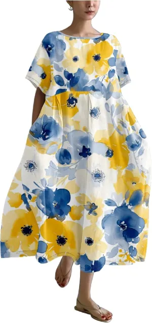 Plus Size Boho Summer Dresses Trendy Japanese Art T Shirt Dress A-line Crew Neck Short Sleeve Summer Dresses