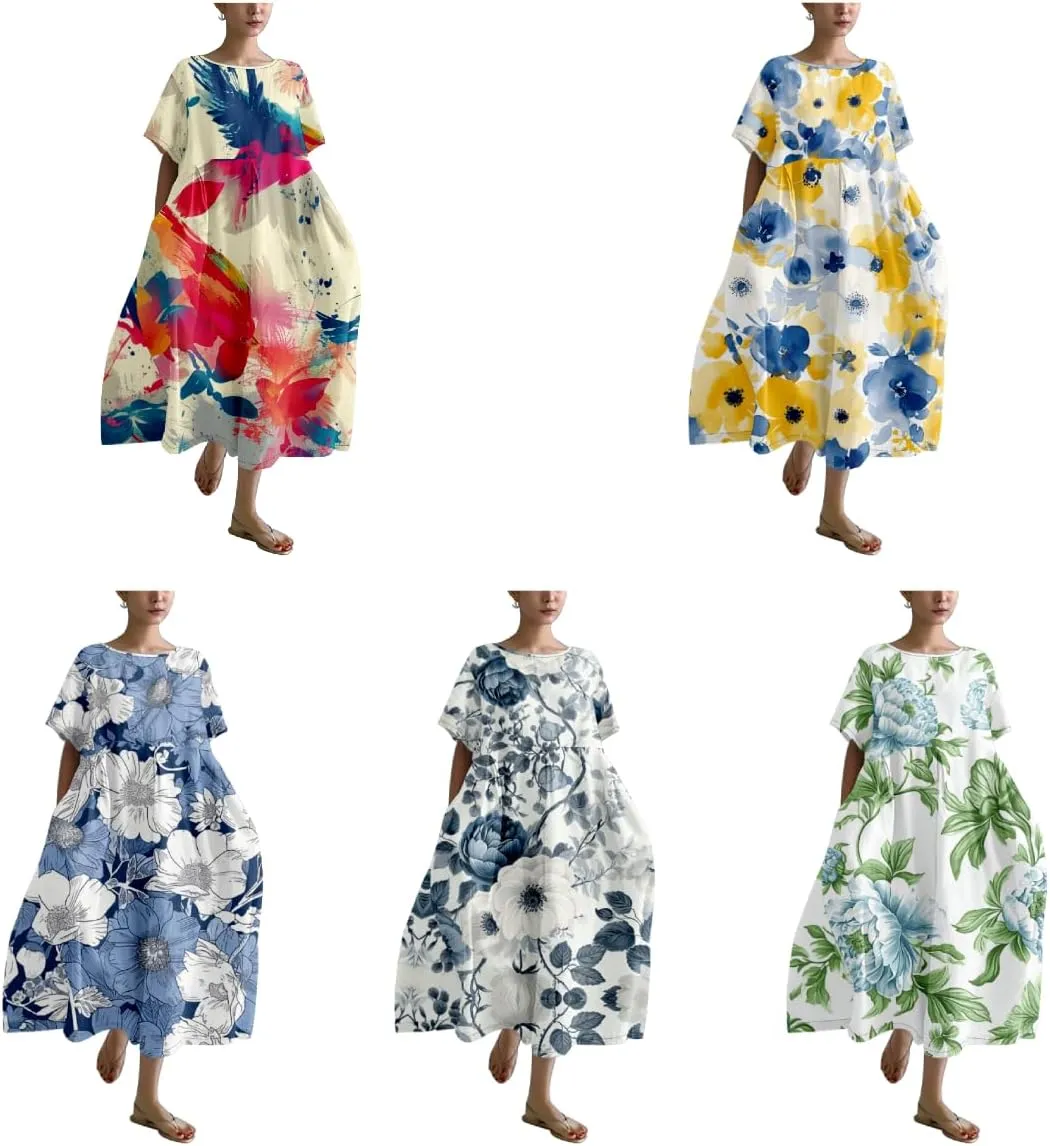 Plus Size Boho Summer Dresses Trendy Japanese Art T Shirt Dress A-line Crew Neck Short Sleeve Summer Dresses