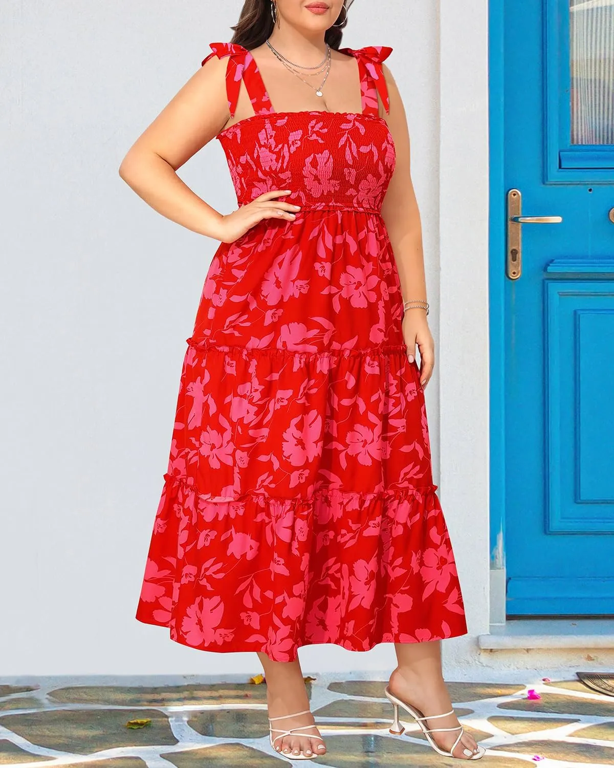 Plus Size Summer Dress - Sun Boho Beach Casual Floral Tiered Smocked Long Maxi Dresses
