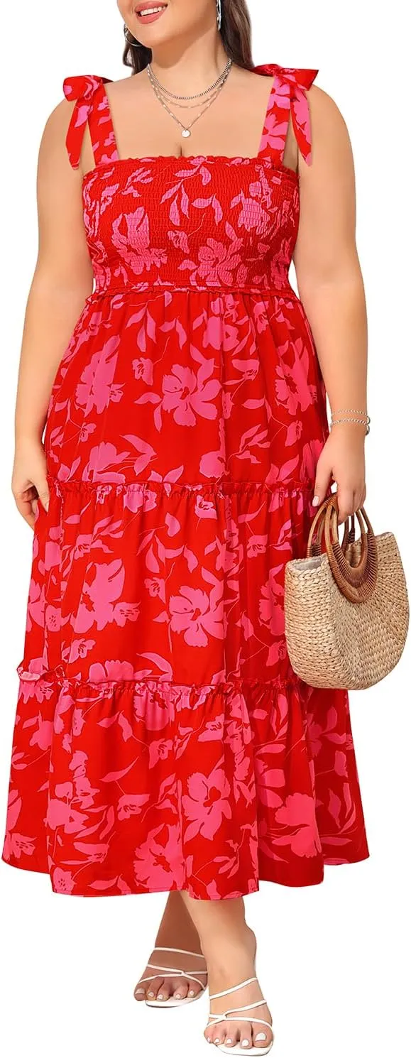Plus Size Summer Dress - Sun Boho Beach Casual Floral Tiered Smocked Long Maxi Dresses