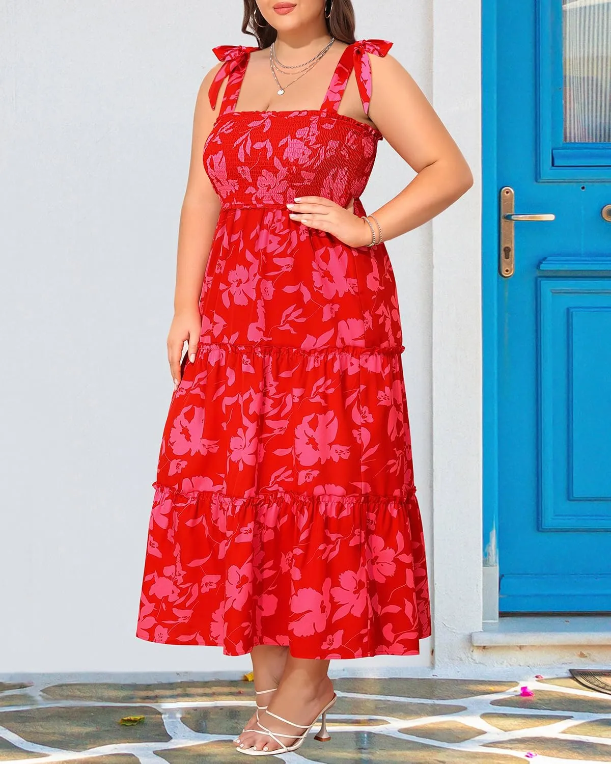 Plus Size Summer Dress - Sun Boho Beach Casual Floral Tiered Smocked Long Maxi Dresses