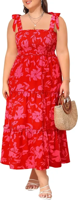 Plus Size Summer Dress - Sun Boho Beach Casual Floral Tiered Smocked Long Maxi Dresses