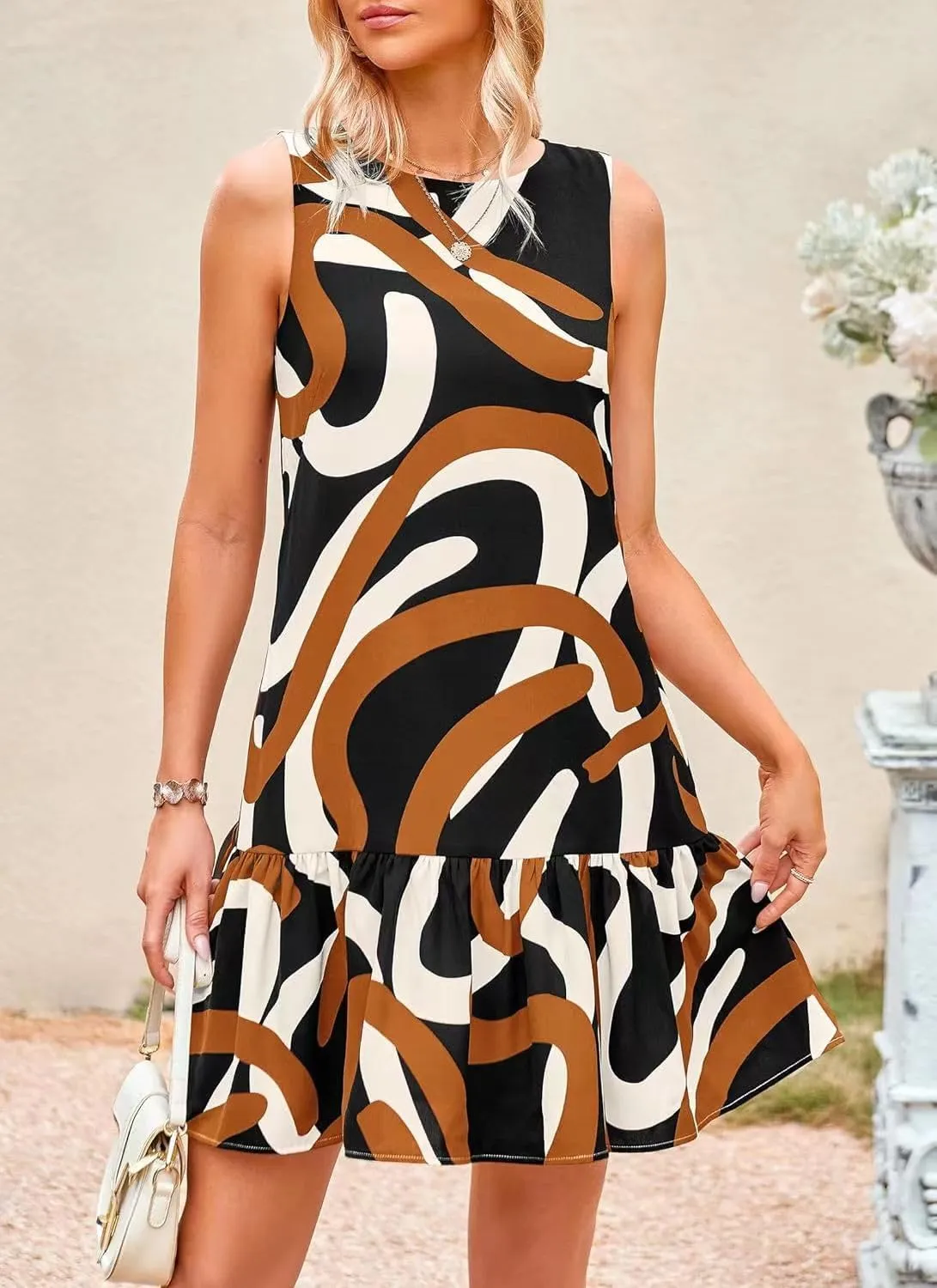 Pluto & Fox Women's Summer Casual Sundresses Sleeveless Crew Neck Flowy Ruffle A-Line Tank Mini Dress