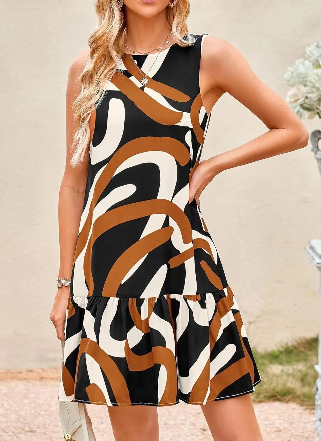 Pluto & Fox Women's Summer Casual Sundresses Sleeveless Crew Neck Flowy Ruffle A-Line Tank Mini Dress