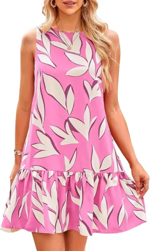 Pluto & Fox Women's Summer Casual Sundresses Sleeveless Crew Neck Flowy Ruffle A-Line Tank Mini Dress