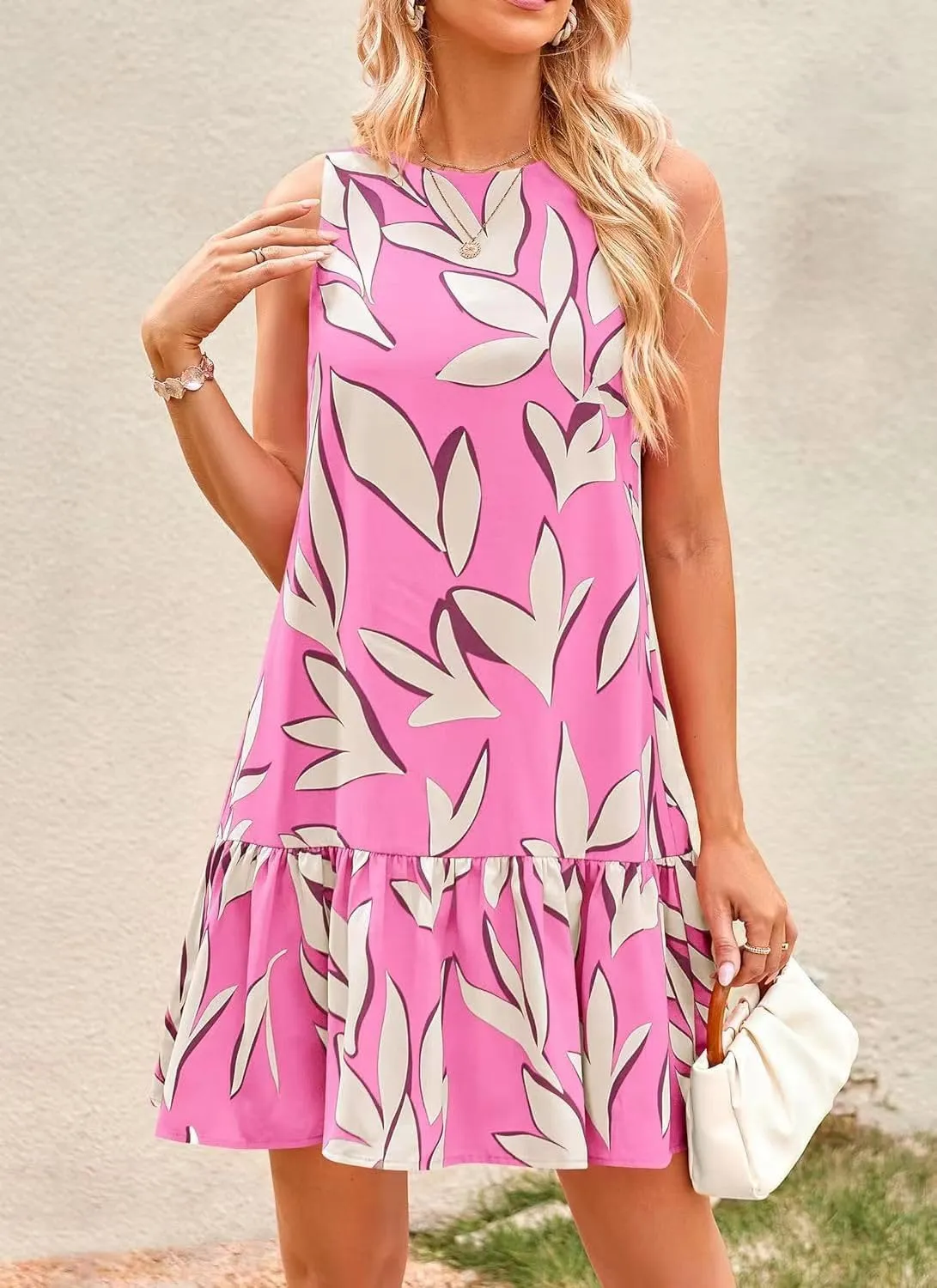 Pluto & Fox Women's Summer Casual Sundresses Sleeveless Crew Neck Flowy Ruffle A-Line Tank Mini Dress