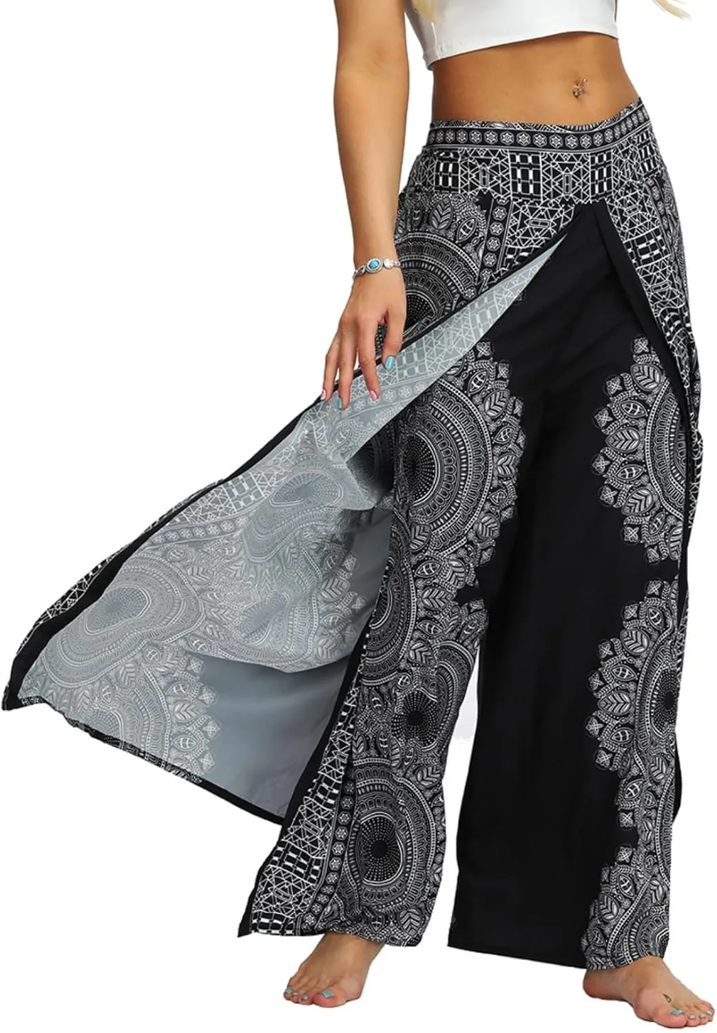 PNKJ Womens Slit Wide Leg Pants-Casual Hippie Bohemian Pilate Beach Boho Baggy Yoga Pants