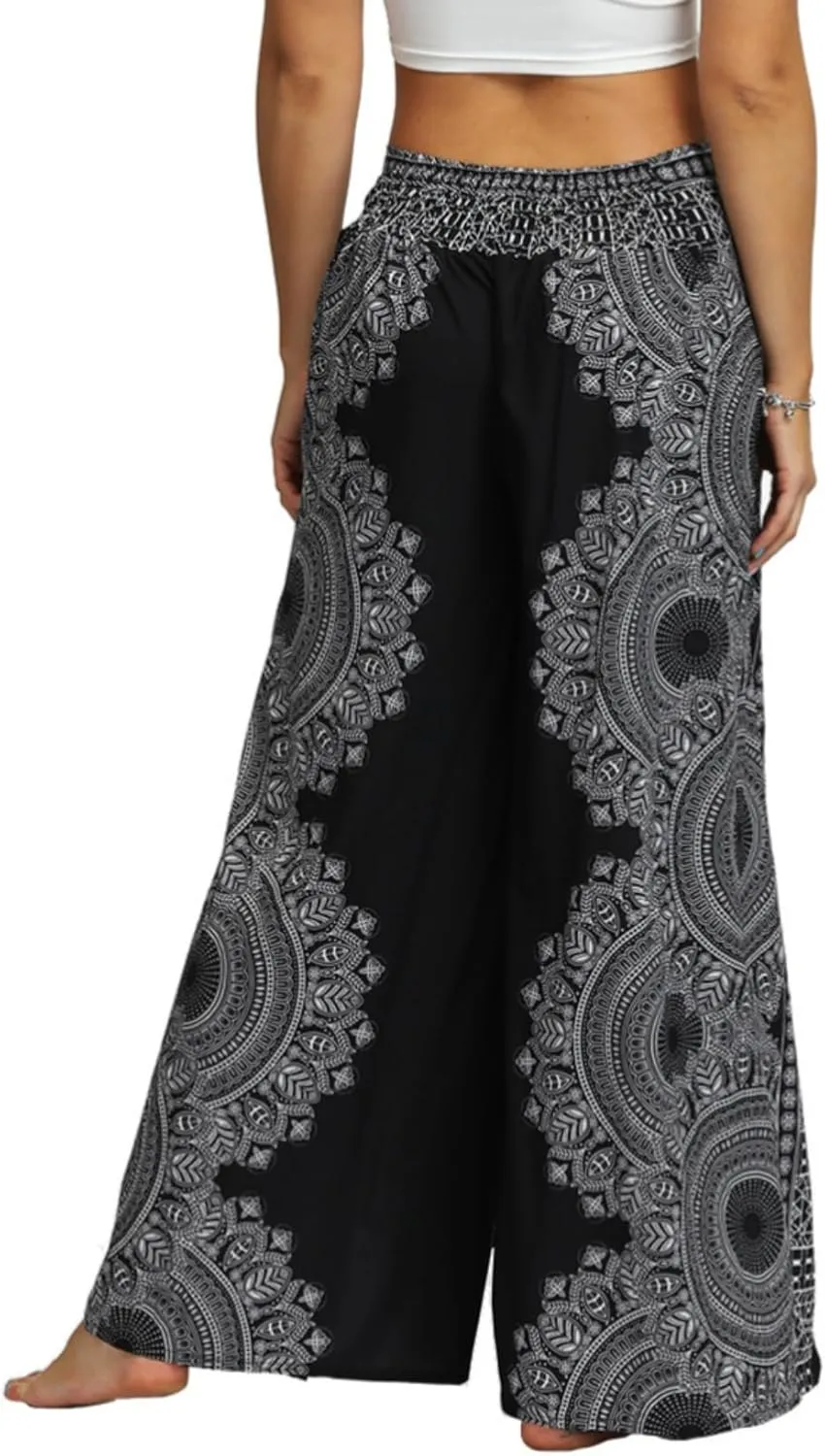 PNKJ Womens Slit Wide Leg Pants-Casual Hippie Bohemian Pilate Beach Boho Baggy Yoga Pants