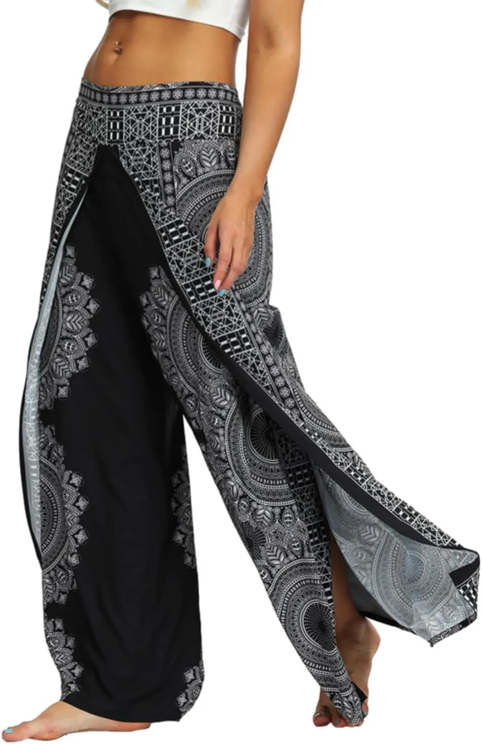 PNKJ Womens Slit Wide Leg Pants-Casual Hippie Bohemian Pilate Beach Boho Baggy Yoga Pants