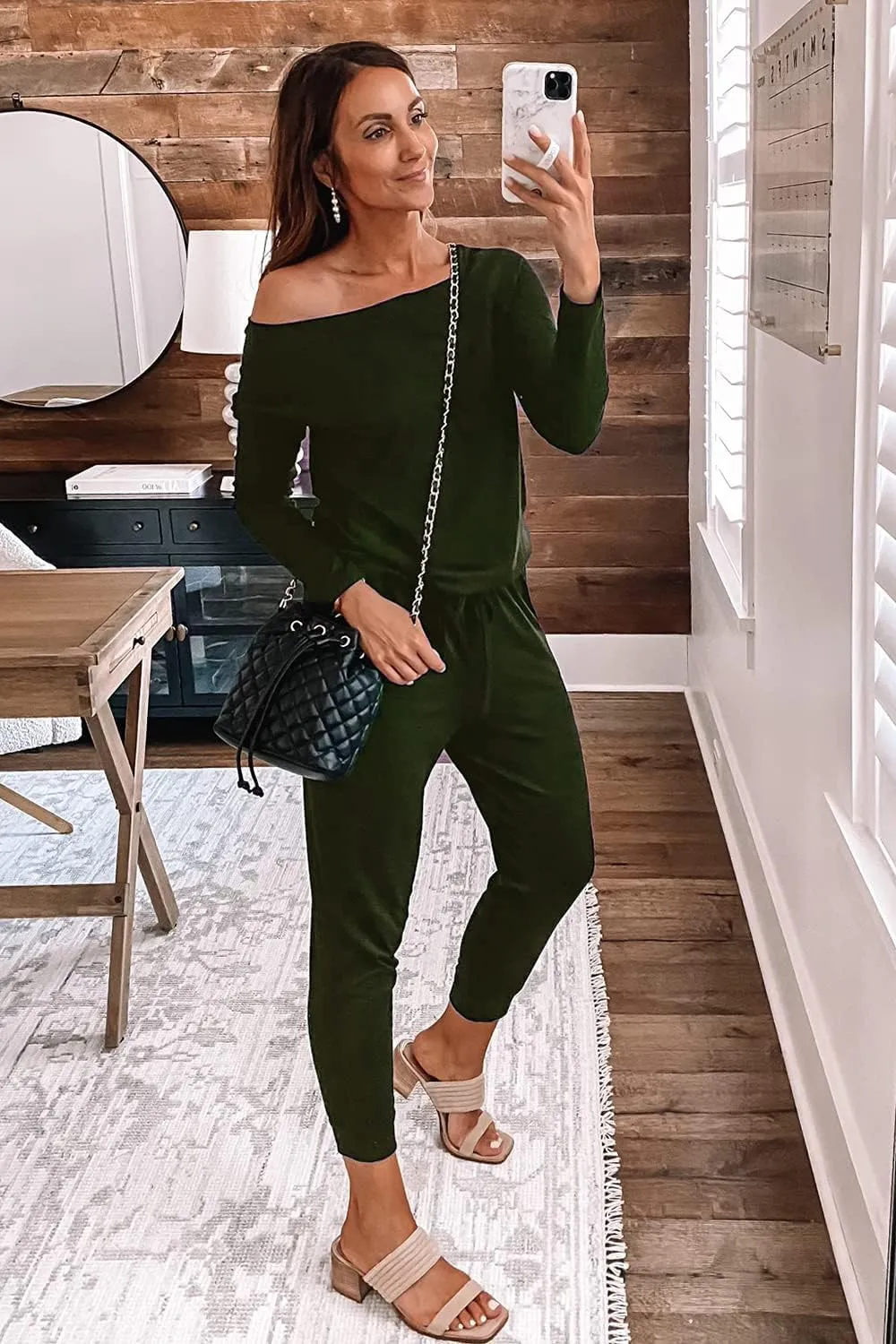 PRETTYGARDEN Women's Casual Long Sleeve Jumpsuit Crewneck Off Shoulder Elastic Waist Stretchy Romper
