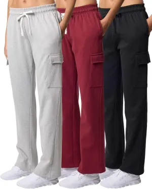 Real Essentials 3 Pack: Women's Fleece Cargo Sweatpants, Open Bottom Lounge & Athletic Casual Pants with Pockets