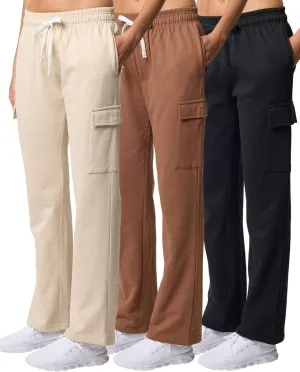 Real Essentials 3 Pack: Women's Fleece Cargo Sweatpants, Open Bottom Lounge & Athletic Casual Pants with Pockets