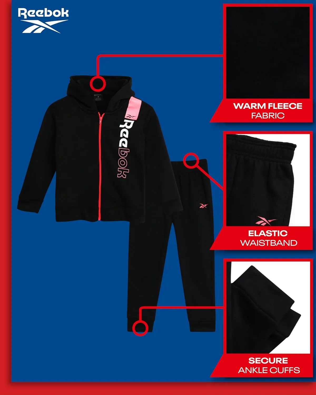 Reebok Baby Boys' Sweatsuit Set - 2 Piece Playwear Fleece Hoodie and Jogger Pants (12M-7)