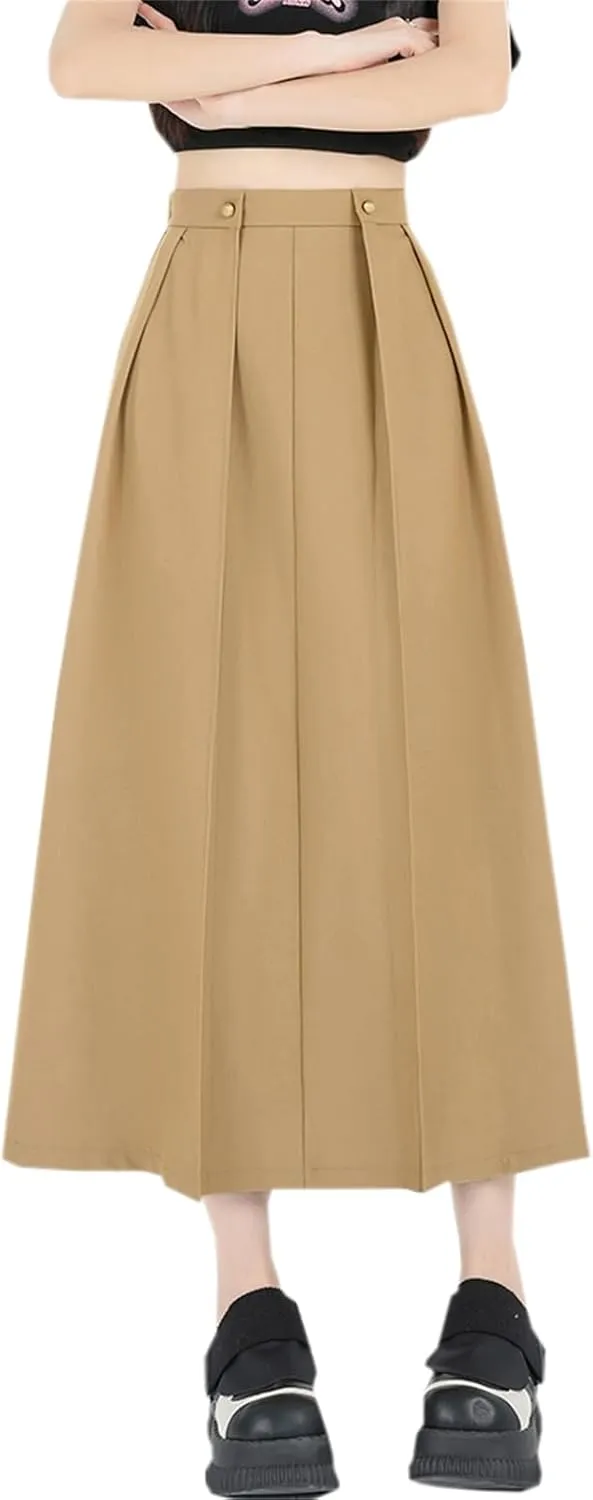 SANGTREE Women's Long Pleated Skirt High Waist Solid Color Uniform A Line Midi Skirts