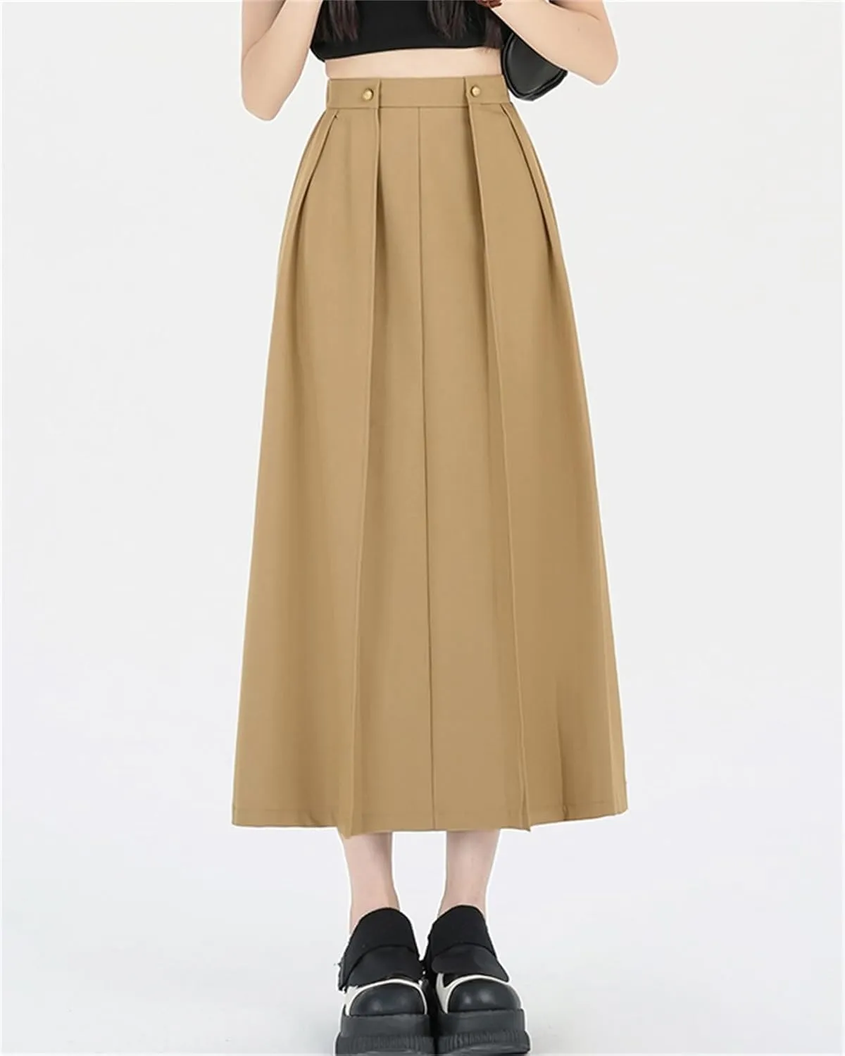 SANGTREE Women's Long Pleated Skirt High Waist Solid Color Uniform A Line Midi Skirts