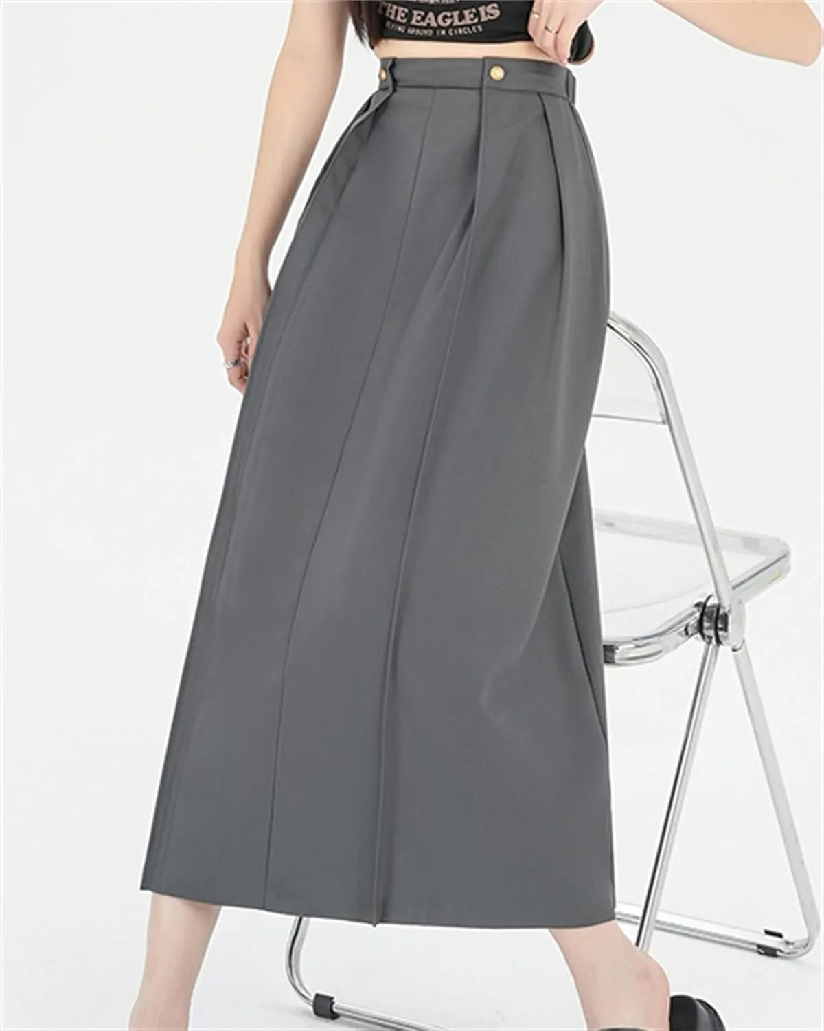 SANGTREE Women's Long Pleated Skirt High Waist Solid Color Uniform A Line Midi Skirts
