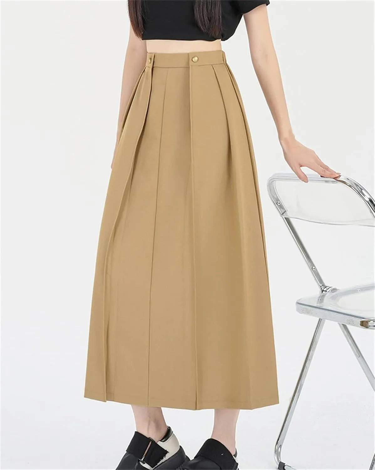 SANGTREE Women's Long Pleated Skirt High Waist Solid Color Uniform A Line Midi Skirts