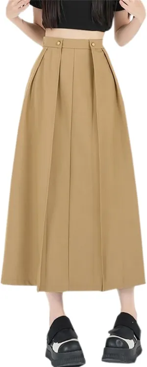 SANGTREE Women's Long Pleated Skirt High Waist Solid Color Uniform A Line Midi Skirts