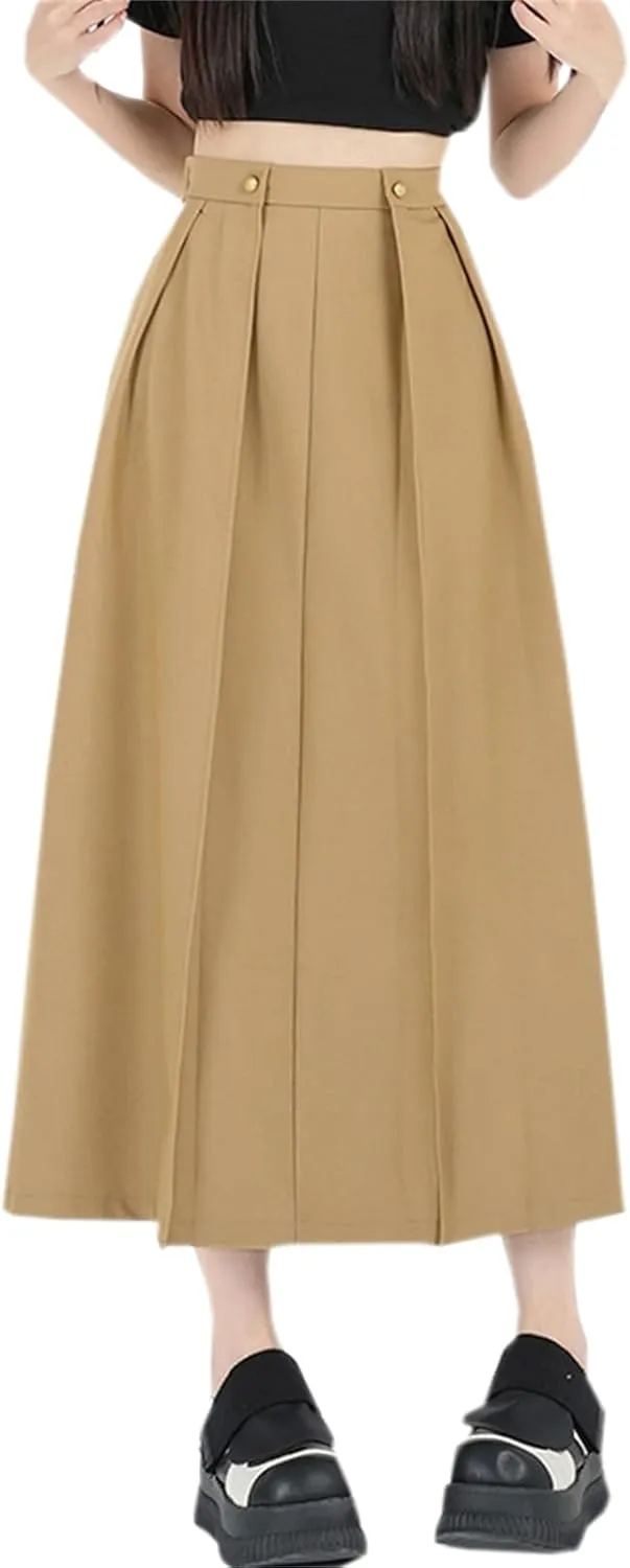 SANGTREE Women's Long Pleated Skirt High Waist Solid Color Uniform A Line Midi Skirts