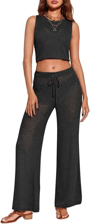Saodimallsu Womens 2 Piece Crochet Swimsuit Cover Up Sleeveless Crop Top Drawstring Long Pants Set Beach Outfits