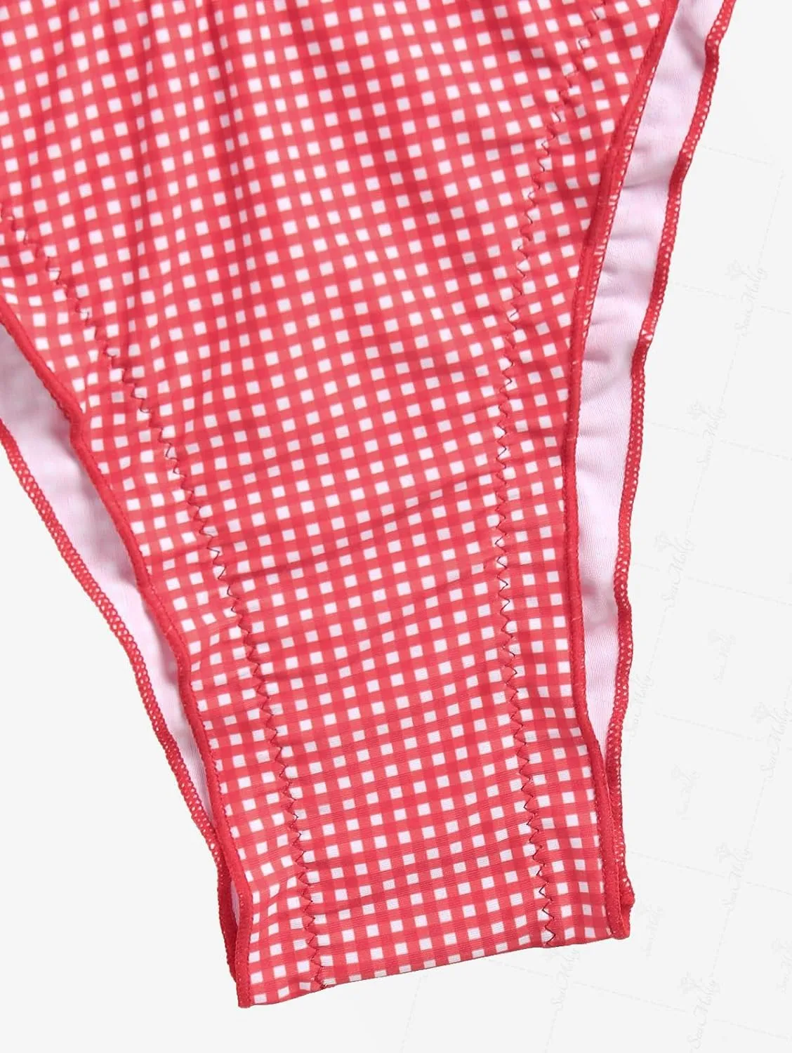 seamoly Gingham Bowknot Decor Smocked Ruffles Tie Front Tankini Set