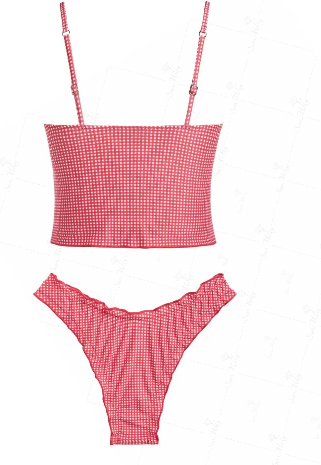 seamoly Gingham Bowknot Decor Smocked Ruffles Tie Front Tankini Set