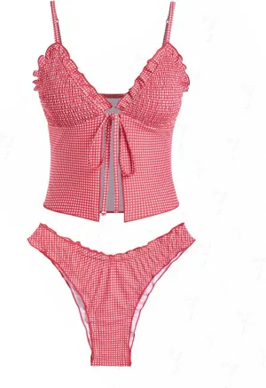 seamoly Gingham Bowknot Decor Smocked Ruffles Tie Front Tankini Set
