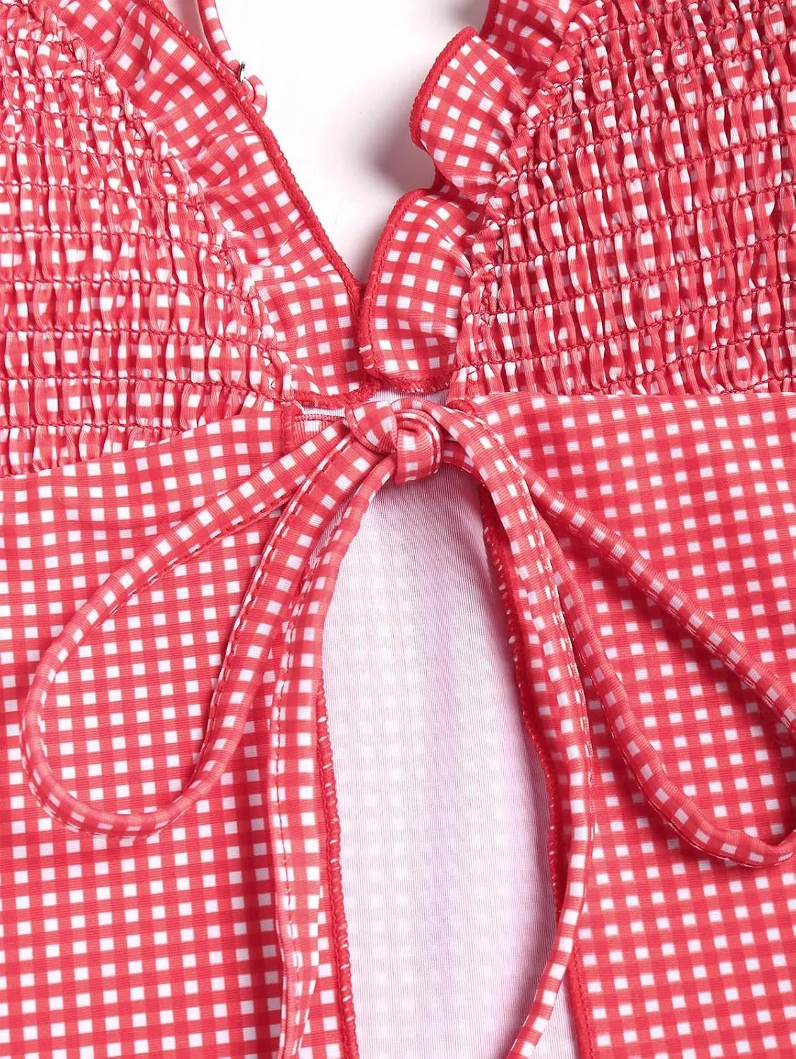 seamoly Gingham Bowknot Decor Smocked Ruffles Tie Front Tankini Set