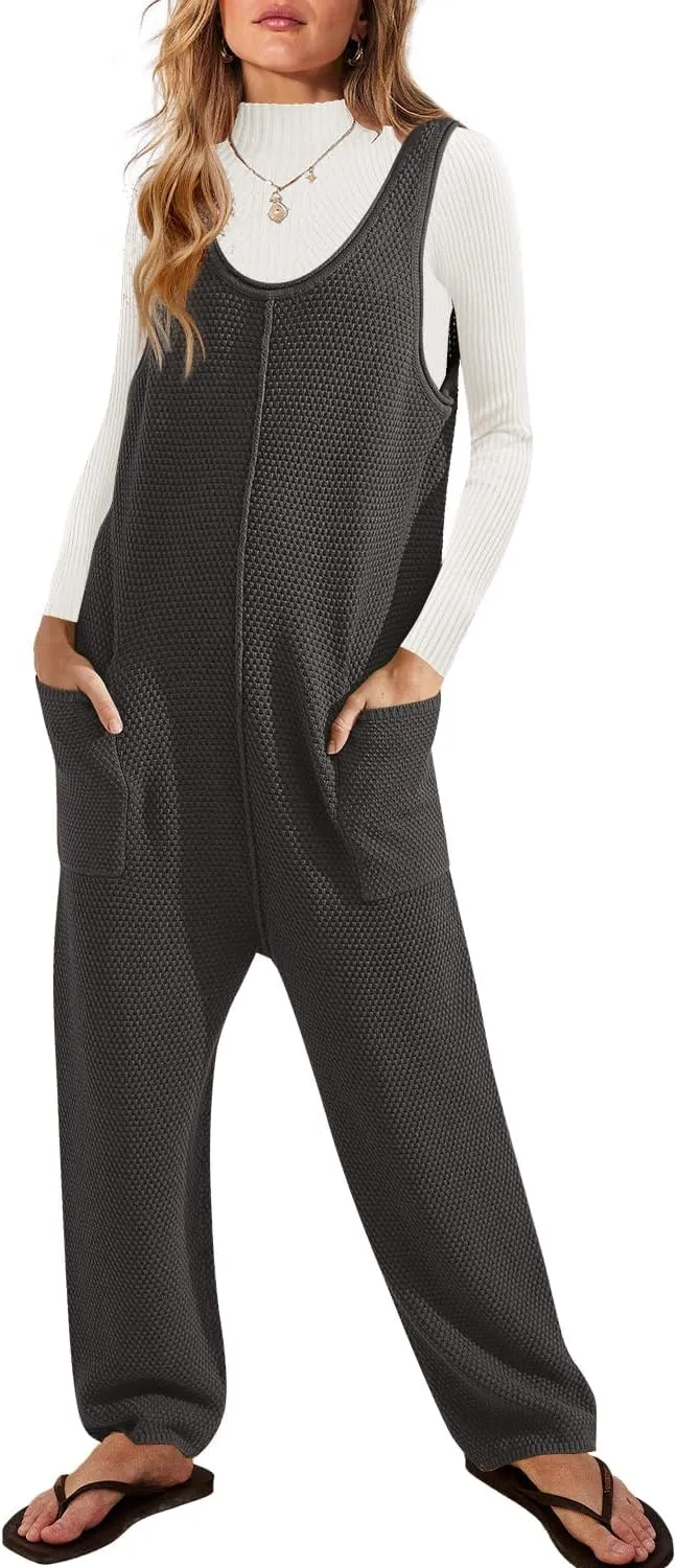 SENSERISE Womens Knit Jumpsuits Sweater Romper One Piece Loungewear Sleeveless Long Pants Overalls Fall Outfits
