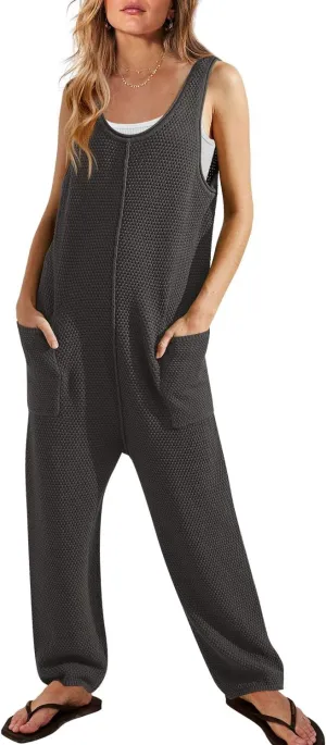 SENSERISE Womens Knit Jumpsuits Sweater Romper One Piece Loungewear Sleeveless Long Pants Overalls Fall Outfits
