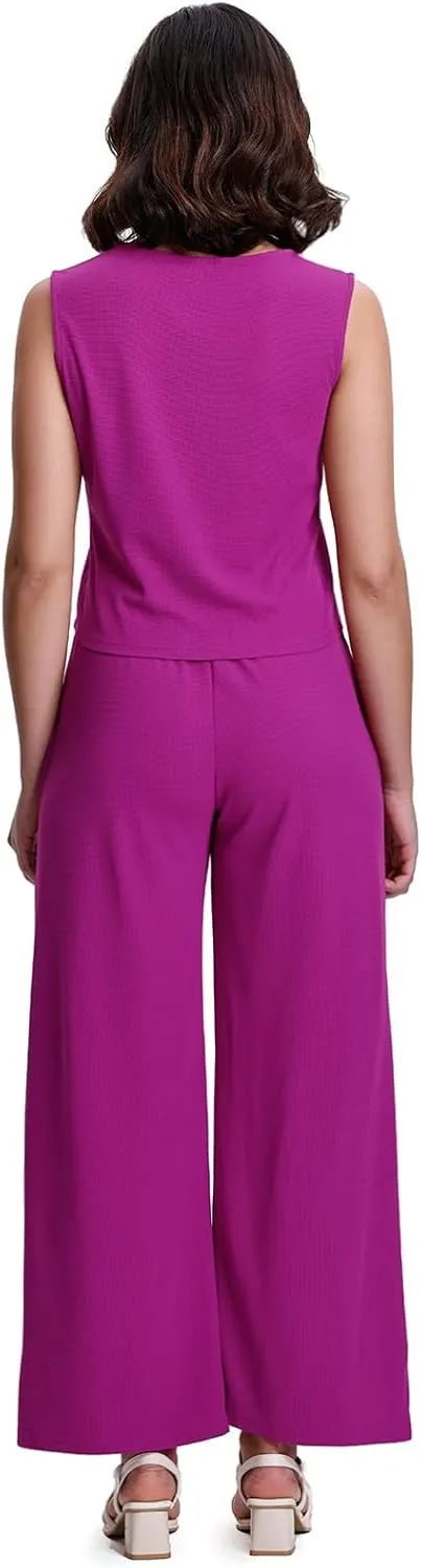 SeSe Code Womens 2 Piece Outfits Business Casual Button Up Vest and Wide Leg Pants Waffle Knit Sleeveless Blazer Suit Set