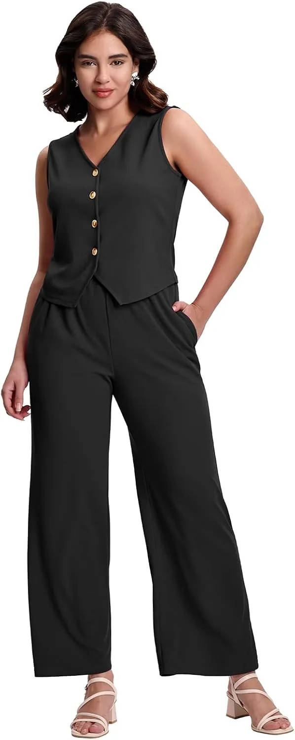 SeSe Code Womens 2 Piece Outfits Business Casual Button Up Vest and Wide Leg Pants Waffle Knit Sleeveless Blazer Suit Set