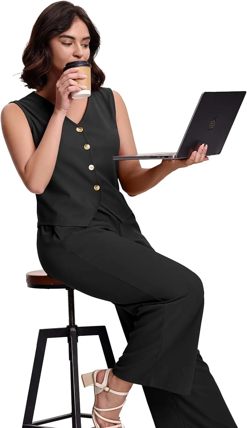 SeSe Code Womens 2 Piece Outfits Business Casual Button Up Vest and Wide Leg Pants Waffle Knit Sleeveless Blazer Suit Set