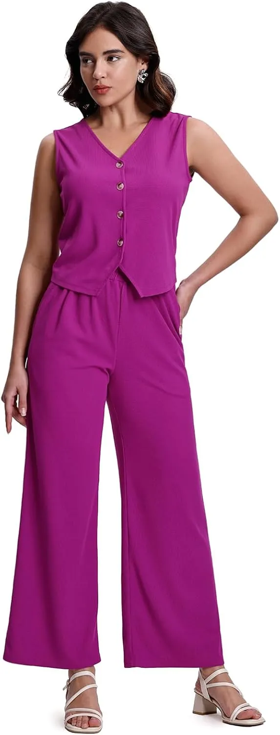 SeSe Code Womens 2 Piece Outfits Business Casual Button Up Vest and Wide Leg Pants Waffle Knit Sleeveless Blazer Suit Set
