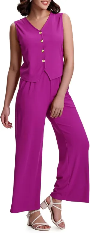 SeSe Code Womens 2 Piece Outfits Business Casual Button Up Vest and Wide Leg Pants Waffle Knit Sleeveless Blazer Suit Set