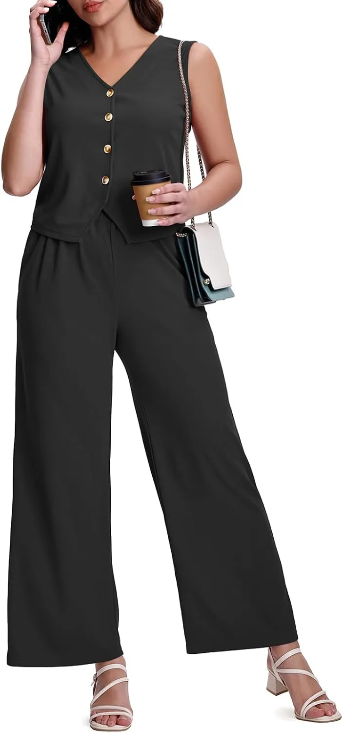 SeSe Code Womens 2 Piece Outfits Business Casual Button Up Vest and Wide Leg Pants Waffle Knit Sleeveless Blazer Suit Set