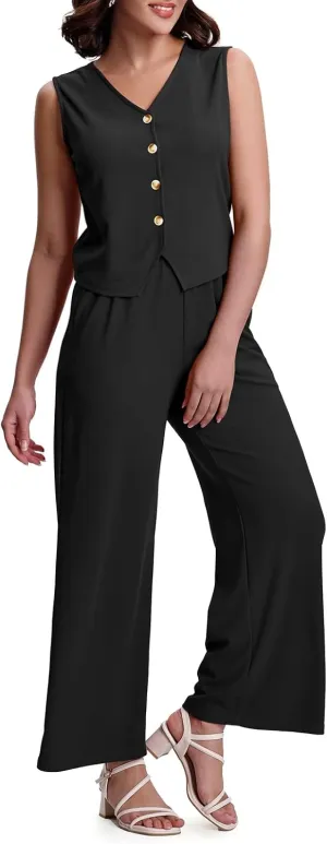 SeSe Code Womens 2 Piece Outfits Business Casual Button Up Vest and Wide Leg Pants Waffle Knit Sleeveless Blazer Suit Set