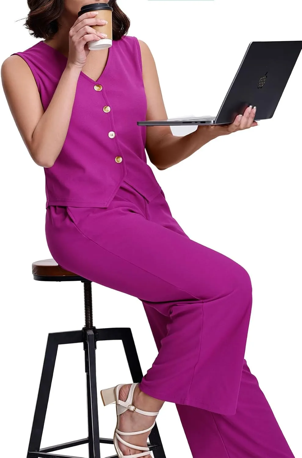 SeSe Code Womens 2 Piece Outfits Business Casual Button Up Vest and Wide Leg Pants Waffle Knit Sleeveless Blazer Suit Set