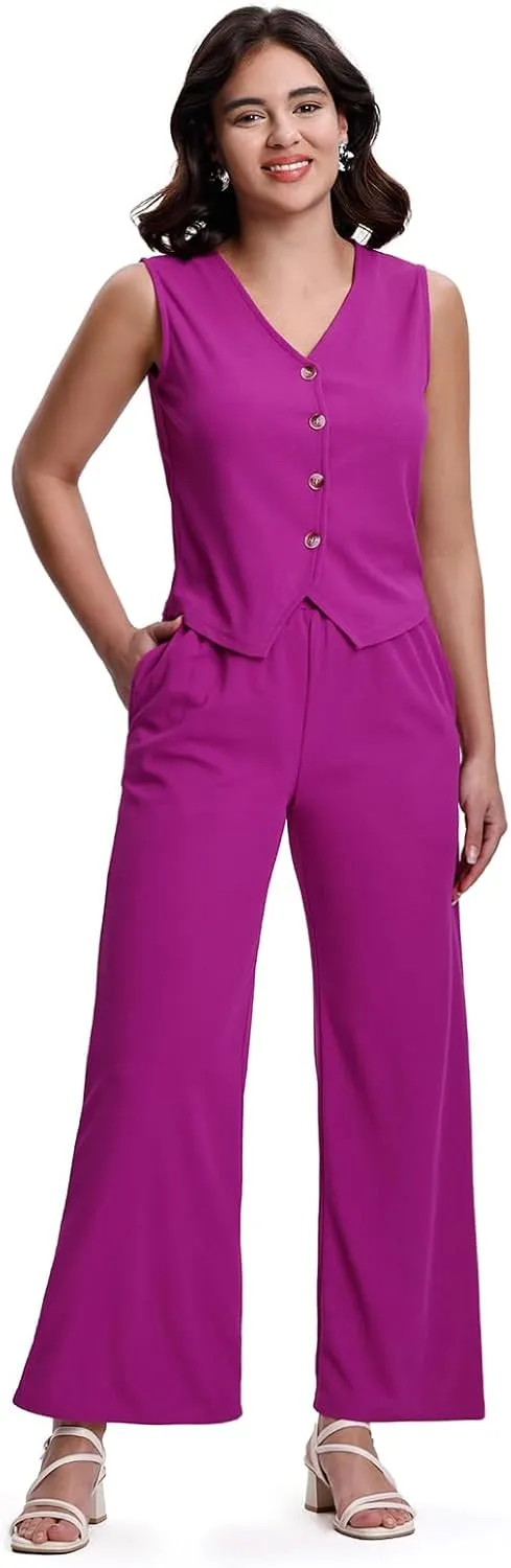 SeSe Code Womens 2 Piece Outfits Business Casual Button Up Vest and Wide Leg Pants Waffle Knit Sleeveless Blazer Suit Set