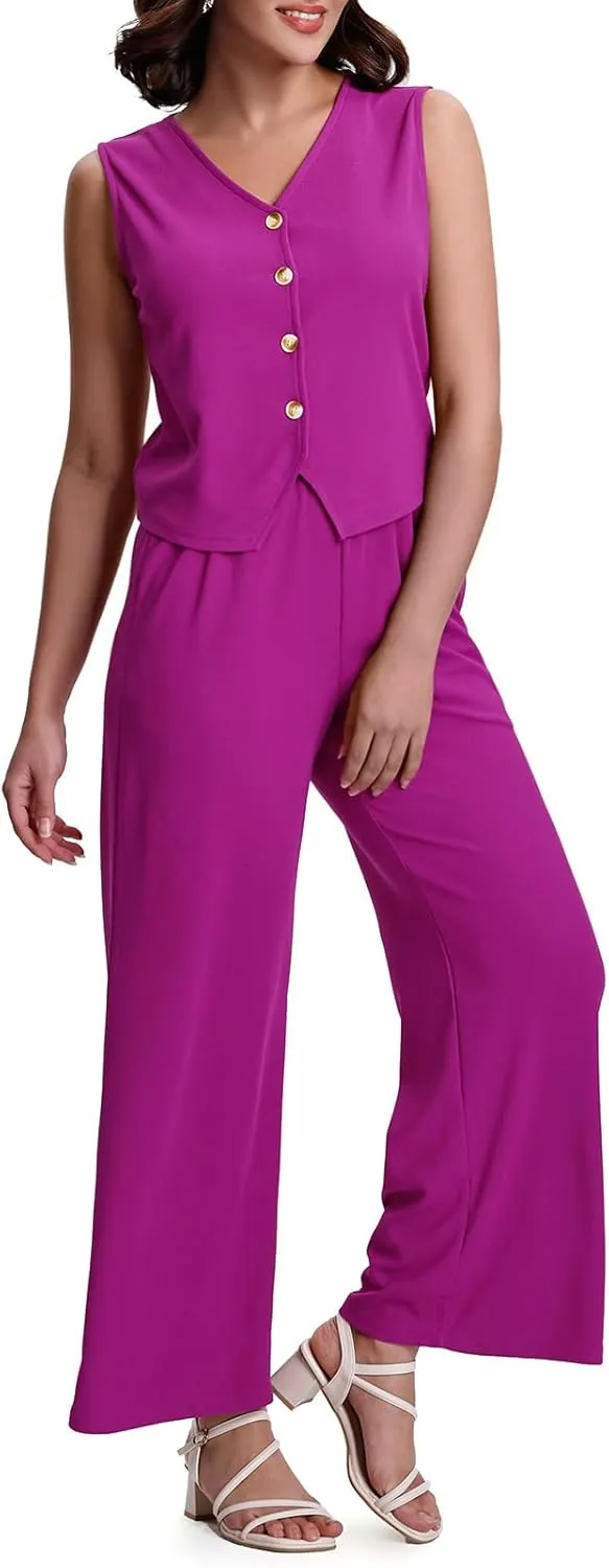 SeSe Code Womens 2 Piece Outfits Business Casual Button Up Vest and Wide Leg Pants Waffle Knit Sleeveless Blazer Suit Set