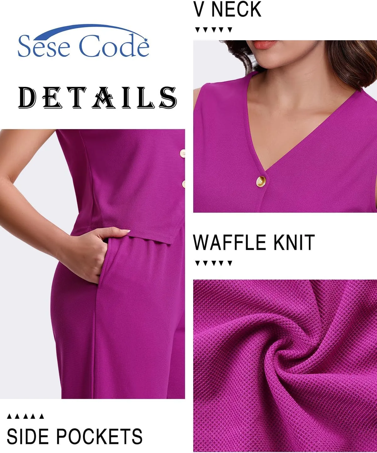 SeSe Code Womens 2 Piece Outfits Business Casual Button Up Vest and Wide Leg Pants Waffle Knit Sleeveless Blazer Suit Set