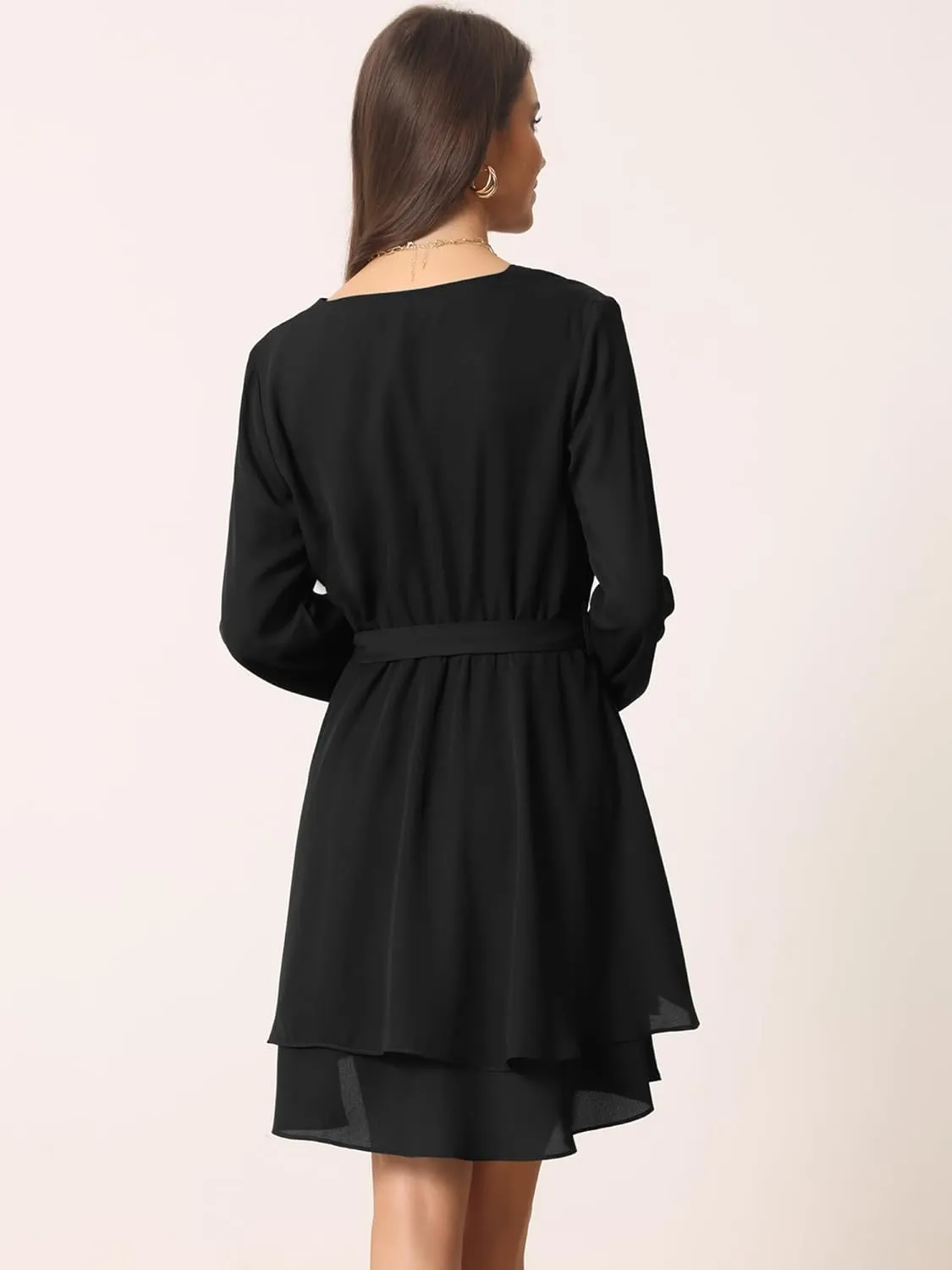 Seta T Women's Wrap V Neck Dress Long Sleeve High Waist Tie Ruffle Swing Skater Casual Dresses
